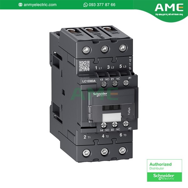 LC1D80AFE7 Schneider Contactor TeSys 3P 80A 115V AC có điện áp chịu xung định mức UIMP 6kV điện áp cách điện UI690V AC tiếp điểm 3 NO tiếp điểm phụ 1NO+1NC Khởi động từ LC1D80AFE7 có độ bền cao, khả năng đóng ngắt nhanh chóng