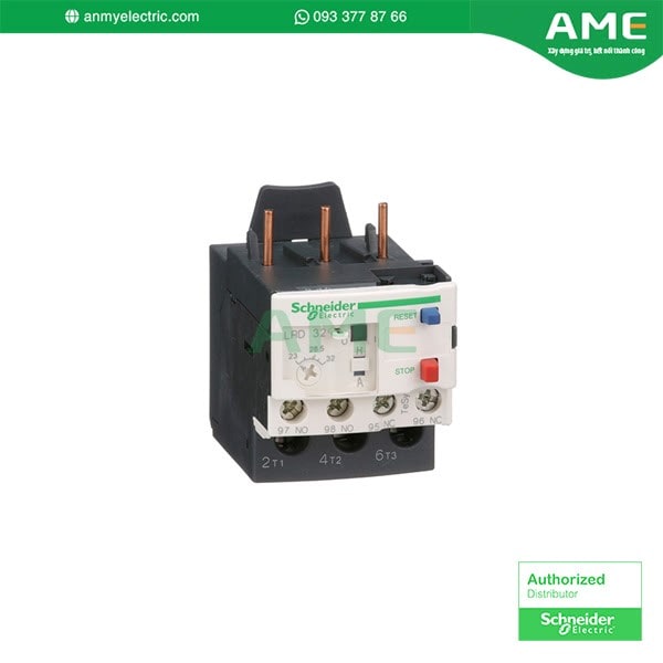 Rơ le nhiệt Schneider LRD32 (23-32A) ; Kích thước. 66x45x70mm(HxWxD) ; Khối lượng. 0.124kg LRD32 - Rơle quá tải nhiệt,TeSys Deca,23-32A,1NO+1NC,class 10A,kẹp vít.