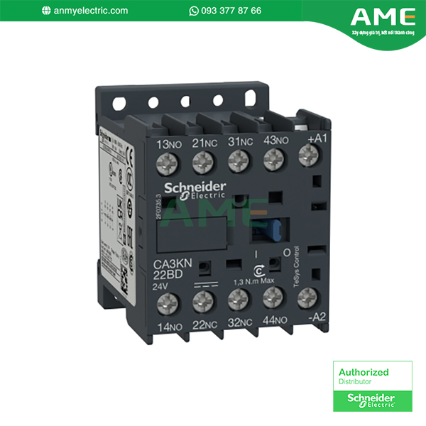 Rơle điều khiển, TeSys K, 4P(2NO+2NC), cuộn dây tiêu chuẩn 690V, 220V DC · CA3KN22MD · Rơ le điều khiển CA3KN22MD chính hãng từ thương hiệu Schneider
