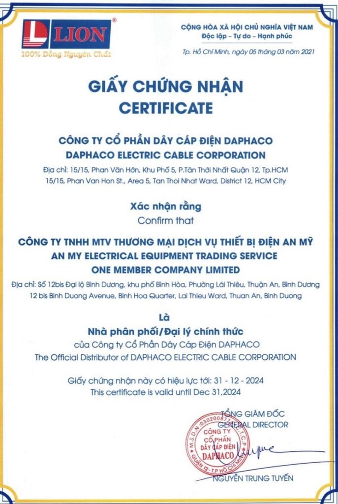 Chứng nhận đại lý của AME Group do DAPHACO cấp