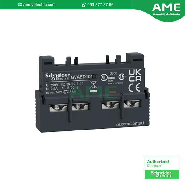GVAED101 - Khối tiếp điểm phụ, TeSys Deca,1NO(lỗi)+1NO, gắn phía trước, cho GV2/GV3P/GV3L ; Độ bền cơ học, 100000 chu kỳ; Dòng chuyển mạch tối thiểu, 5 mA. Khối tiếp điểm phụ GVAED101 chính hãng từ thương hiệu nổi tiếng của Pháp
