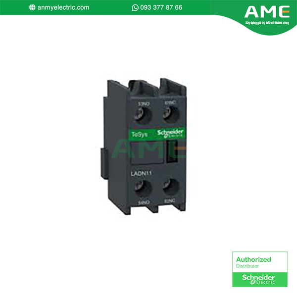 Khối tiếp điểm phụ, TeSys Deca, 1NO+1NC, lắp phía trước, đầu nối kẹp vít · LADN11 Khối tiếp điểm phụ LADN11 chính hãng từ thương hiệu Schneider