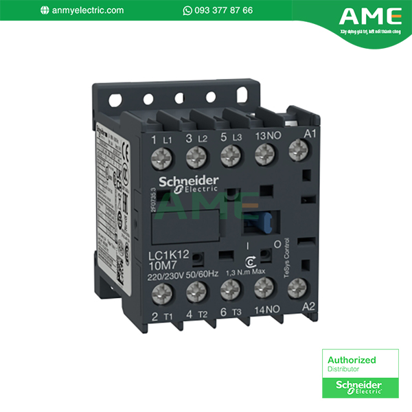 Công tắc tơ 3 pha SCHNEIDER LC1K1210M7 220VAC 12A 5.5kW 1NO ; Công suất động cơ. 5.5kW at 380VAC ; Tần số. 50Hz, 60Hz ; Điện áp dây. AC ; Điện áp. 690VAC. Contactor LC1K1210M7 được đánh giá hoạt động ổn định, tiêu tốn ít điện năng, tiết kiệm cho chủ đầu tư