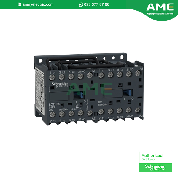 LC2K0901M7 - Contactor đảo chiều, TeSys K, 3P, AC-3/AC-3e,<=440V 9A, 1NC, cuộn dây 220...230VAC. Sản phẩm LC2K0901M7 được thiết kế nhỏ gọn, thông minh, công suất định mức lên đến 4kW