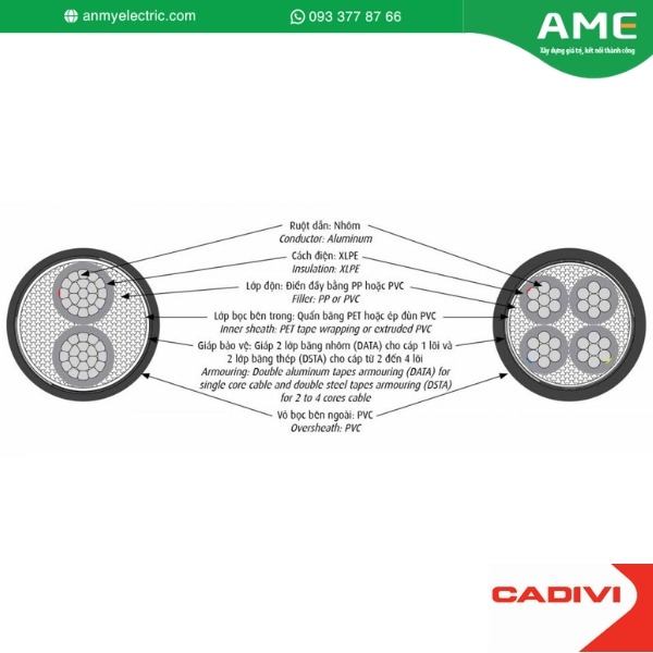 Cáp điện lực hạ thế có giáp bảo vệ - 0,6/1 kV. TCVN 5935-1 (2 lõi, ruột nhôm, cách điện PVC, giáp băng thép bảo vệ, vỏ PVC)