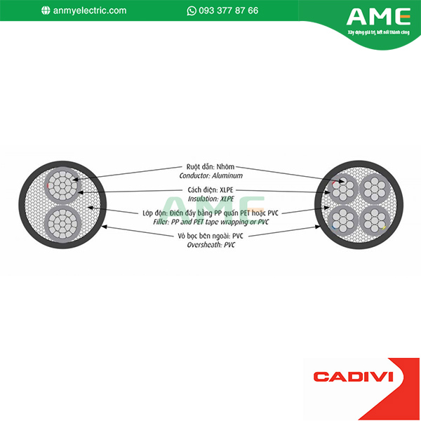 0,6/1 kV, TCVN 5935-1 (4 lõi, ruột nhôm, cách điện XLPE, vỏ PVC)