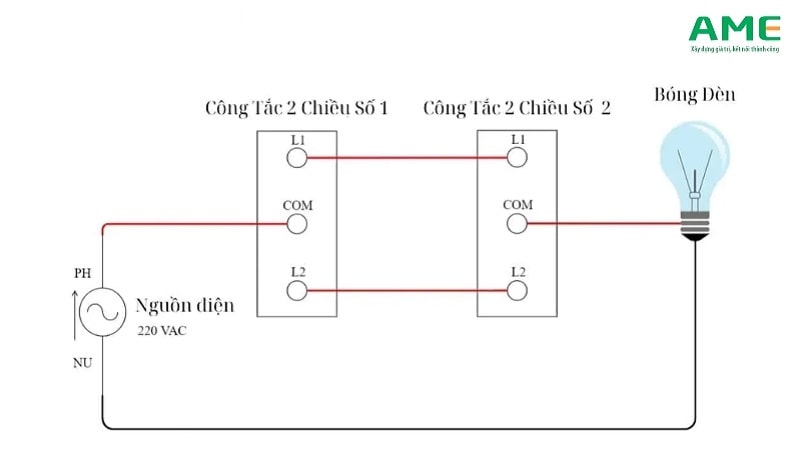 Mạch điện 2 công tắc 1 bóng đèn cầu thang