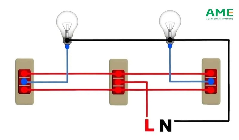 Mạch điện cầu thang 3 công tắc và 2 bóng đèn