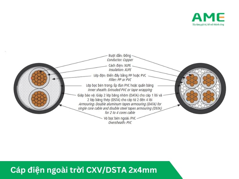 Dây cáp điện ngoài trời 2x4mm CXV/DSTA